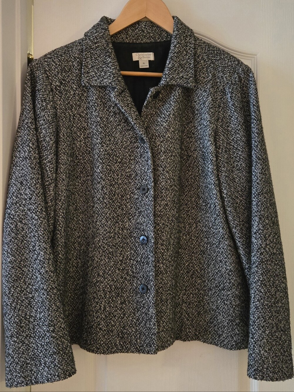 Christopher & Banks Tweed Blazer Jacket Black White Button Front Lined XL